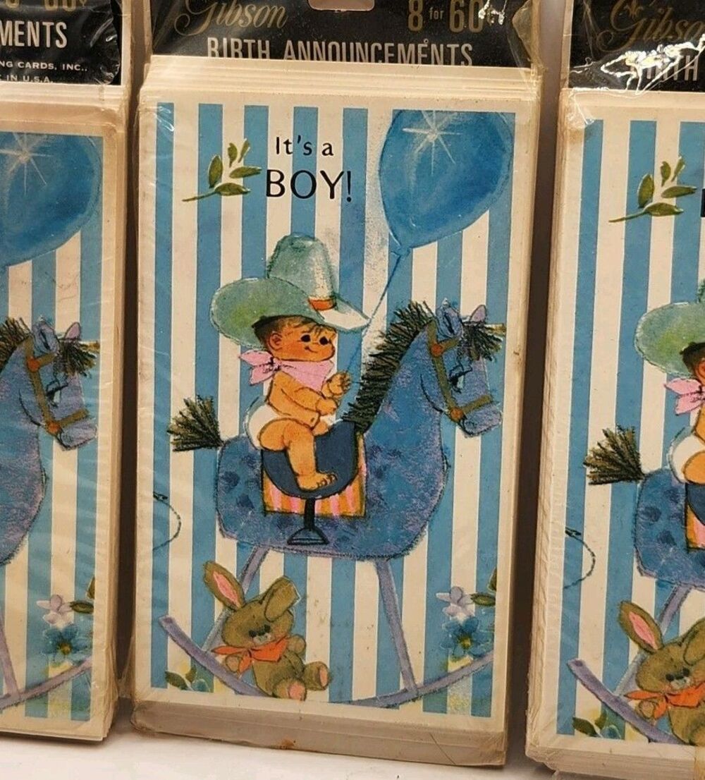 24 Vintage 1950s 60s Gibson Baby Boy Birth Announcements Ranch Hand NOS